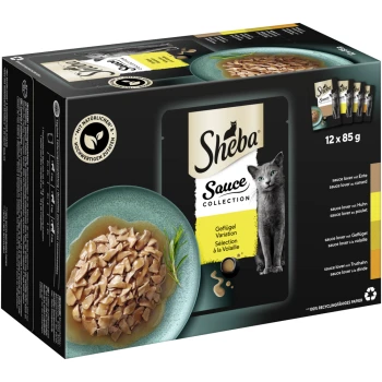 Sauce Collection Nassfutter Katze Adult, Mixpaket, in Sauce 12x85 g Geflügel Auswahl Sheba-Saucen-Kollektion Katzenfutterpackung mit 12 x 85 g Portionen, mit einer Schüssel Hähnchen in Sauce und einer grauen Katze auf der Verpackung.