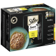 Zestaw karmy dla kotów Sheba Sauce Collection z 12 x 85g porcji, z miską kurczaka w sosie i szarym kotem na pudełku.