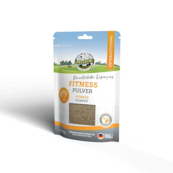 Eine Tüte BELIFOR Fitness-Pulver für Haustiere, auf Deutsch beschriftet mit "FITNESS PULVER" und "100% natürlich", mit einem Fenster, das das Pulver im Inneren zeigt.