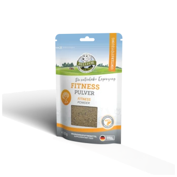 Eine Tüte BELIFOR Fitness-Pulver für Haustiere, auf Deutsch beschriftet mit "FITNESS PULVER" und "100% natürlich", mit einem Fenster, das das Pulver im Inneren zeigt.