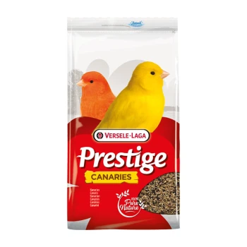 Eine Tüte Versele-Laga Prestige Kanarienvogel-Futter mit zwei Kanarienvögeln, einem gelben und einem orangefarbenen, mit dem Text "100% Pure Nature."