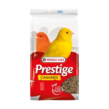 A bag of Versele-Laga Prestige Canaries bird food featuring two canaries, one yellow and one orange, with the text "100% Pure Nature."