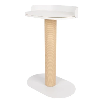 Moderner Katzenkratzbaum mit einer weißen Oberseite und einem strukturierten beigen Säule, entworfen für das Spielen und Kratzen von Katzen.