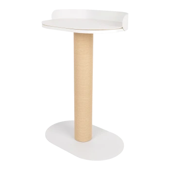 Moderner Katzenkratzbaum mit einer weißen Oberseite und einem strukturierten beigen Säule, entworfen für das Spielen und Kratzen von Katzen.