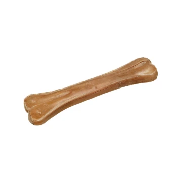 Un os à mâcher pour chien allongé de couleur brun clair, en forme d'os avec des extrémités arrondies.