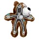 Brown plush bear-shaped dog toy with printed rope-cross interior, center squeaker and blue patch stitches