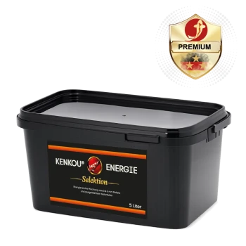 Schwarzer rechteckiger Behälter mit der Aufschrift 'KENKOU ENERGIE Selektion 5 Liter' mit Markenlogo und goldenem 'PREMIUM'-Schildabzeichen.