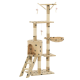 Katzenbaum mit mehreren Ebenen, Kratzpfosten, einem gemütlichen Versteck und hängenden Spielzeugen, in beige mit schwarzen Pfotenabdrücken.