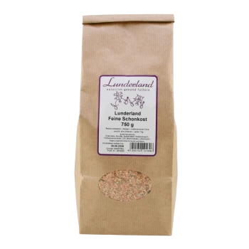 Braune Papiertüte Lunderland Feine Schonkost 750 g mit ovalem Sichtfenster, das mehrfarbige Granulate zeigt.
