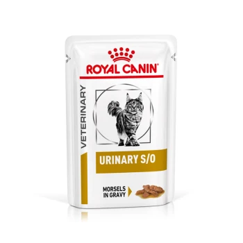 Veterinary Urinary S/O Häppchen in Soße 12x85g Royal Canin Veterinary Urinary S/O Katzenfutterbeutel mit einem Bild einer flauschigen Katze, beschriftet mit "Stücke in Soße."