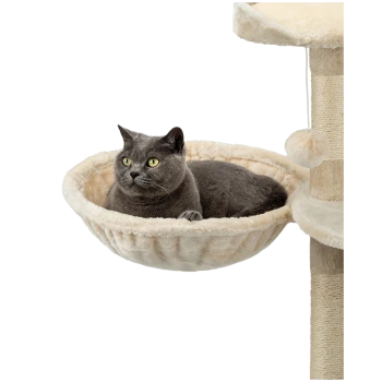 Eine graue Katze mit leuchtend gelben Augen entspannt sich in einer gemütlichen, cremefarbenen Hängematte, die an einem Katzenbaum befestigt ist.