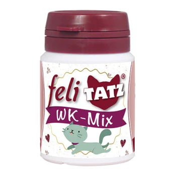Behälter von FeliTatz WK-Mix für Katzen, mit einer verspielten Katzenillustration und einem kastanienbraunen Deckel.