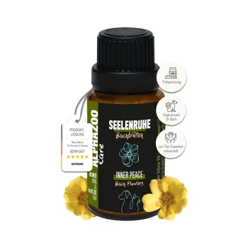 Flasche mit dem Bachblütenmittel "Seelenruhe" für Hunde und Katzen, beschriftet mit "Innere Ruhe", das Entspannungsbenefits und eine von Experten entwickelte Formel bietet.