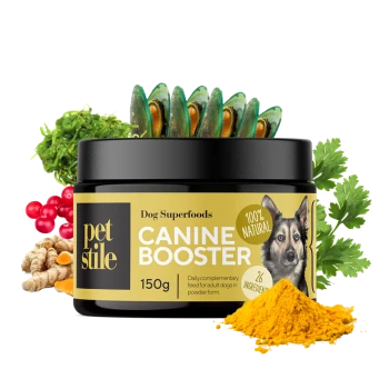 Schwarzes Glas mit der Aufschrift "Petstile Canine Booster" mit 150g, das Zutaten wie Kurkuma, grüne Muscheln und Kräuter enthält. 100% natürlich.