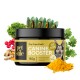 Schwarzes Glas mit der Aufschrift "Petstile Canine Booster" mit 150g, das Zutaten wie Kurkuma, grüne Muscheln und Kräuter enthält. 100% natürlich.