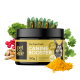 Schwarzes Glas mit der Aufschrift "Petstile Canine Booster" mit 150g, das Zutaten wie Kurkuma, grüne Muscheln und Kräuter enthält. 100% natürlich.