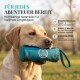 Teal Haustierspielzeugtasche mit Klettverschluss, misst 18 cm mal 7 cm, mit einem Logo und dem Text 'ANDAUERNDER SPIELSPASS DANK 0,7L FASSUNGSVERMÖGEN.'