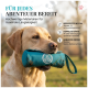 Teal Haustierspielzeugtasche mit Klettverschluss, misst 18 cm mal 7 cm, mit einem Logo und dem Text 'ANDAUERNDER SPIELSPASS DANK 0,7L FASSUNGSVERMÖGEN.'