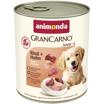 Dose Animonda GranCarno Junior <1 Hundefutter – Rind + Huhn, Etikett mit Fleischstücken und Welpenbild.