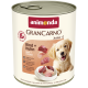 Dose Animonda GranCarno Junior <1 Hundefutter – Rind + Huhn, Etikett mit Fleischstücken und Welpenbild.