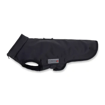 Schwarzer Wolters Hundemantel mit Reißverschluss und Armlöchern, entworfen für Wärme und Schutz des Haustiers.