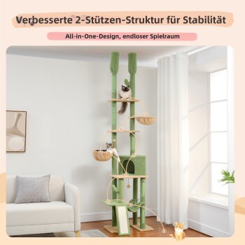 Eine Hand passt ein grünes, flauschiges Haustierspielzeug mit Höhenverstellung und zwei Ersatzpfosten an. Der Text lautet: "Verstellbar für die gewünschte Höhe."