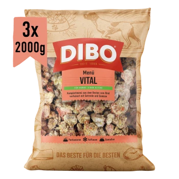 DIBO Menü-Vital 2000g Hundefutterpackung mit proteinreichem Rindfleisch, Getreide und Gemüse. Text: "Vollwertfutter für Hunde - gefroren."