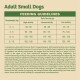 Feeding guidelines for adult small dogs, detailing daily serving sizes based on body weight and activity level, with additional feeding advice.