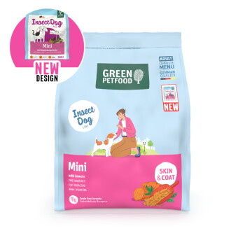 Green Petfood Insect Dog Mini erwachsenes Hundefutter mit Insekten, getreidefreie Formel, Haut- und Fellunterstützung, deutsche Qualität, neues Design.