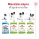 Emballage de nourriture pour chiens Royal Canin pour petits chiens : formules Puppy, Adult et Ageing. Texte : "Alimentation adaptée à l'âge de votre chien."