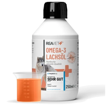 Flasche REAVET Omega-3 Lachsöl für Haustiere, mit einem Husky auf dem Etikett, mit einem Messbecher, der eine orange Flüssigkeit zeigt.