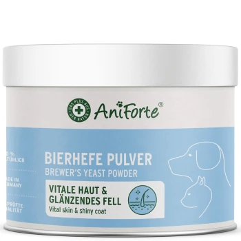 Behälter mit AniForte Bierhefe-Pulver für Haustiere, auf Deutsch beschriftet, das wichtige Vorteile für die Haut und ein glänzendes Fell fördert.