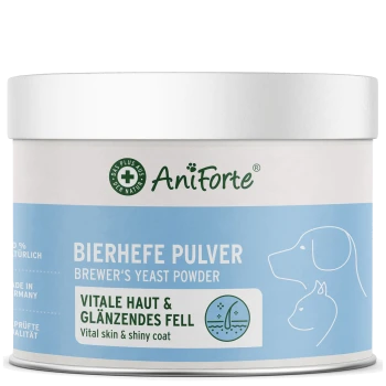 Behälter mit AniForte Bierhefe-Pulver für Haustiere, auf Deutsch beschriftet, das wichtige Vorteile für die Haut und ein glänzendes Fell fördert.