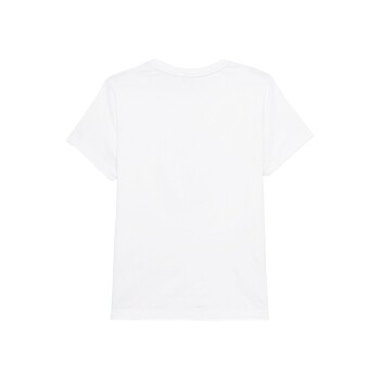 Ein schlichtes weißes T-Shirt, das von hinten präsentiert wird, mit kurzen Ärmeln und rundem Halsausschnitt.