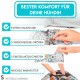 Bild zur Bewerbung eines Hundesprodukts mit Merkmalen: "Bester Komfort für deinen Hund," "super saugfähig," "5 Größen," "3 Anpassungen," "weiche Fütterung."