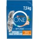 Sac bleu Purina ONE BIFENSIS pour chat, image d'un chat tabby gris, 'Spécial Chat Stérilisé', 7,5 kg, étiquette indiquant le poulet
