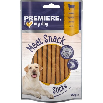 Premiere I love my dog lamb meat snack sticks, soft chewing fun, 70g, with image of a happy Labrador Retriever.