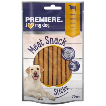 Premiere I love my dog Lammfleisch-Snacksticks, weicher Kaugenuss, 70g, mit Bild eines glücklichen Labrador Retrievers.