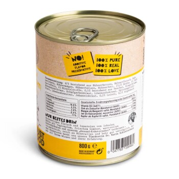 Dosenfutter für Haustiere (800g) mit einem Aufreißdeckel, beschriftet mit "100% PURE, 100% REAL, 100% LOVE" und "KEINE ZUSATZSTOFFE." Hergestellt in Deutschland.