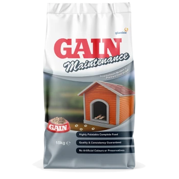 15kg GAIN Maintenance dog food bag with dog house graphic. Text: "Highly Palatable," "Quality Guaranteed," "No Artificial Additives."
