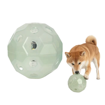 Transluzente mintgrüne interaktive Hundespielzeug-Kugel mit sechseckigen Löchern; Shiba Inu stupst eine kleinere Kugel an.