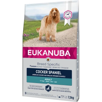 Trockenfutter Hund Breed Specific Cocker Spaniel Adult 7,5 kg Eukanuba Rasse-spezifisches Trockenfutter für Cocker Spaniels, mit einem goldenen Cocker Spaniel auf der Verpackung, gekennzeichnet für erwachsene Hunde über 1 Jahr.