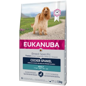Eukanuba Rasse-spezifisches Trockenfutter für Cocker Spaniels, mit einem goldenen Cocker Spaniel auf der Verpackung, gekennzeichnet für erwachsene Hunde über 1 Jahr.