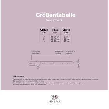 Größentabelle für Hundehalsbänder, die die Größen S, M und L mit Halsmessungen (28-37 cm, 36-47 cm, 43-56 cm) und Breiten (2 cm, 2,5 cm) anzeigt.