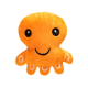 Oranger Plüsch-Oktopus als Haustierspielzeug mit schwarzen Augen und lächelndem Mund vor weißem Hintergrund.