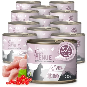 Dosen Beavet Feines Menü Katzenfutter mit Ente und Himbeeren, 98 % Fleisch, zucker- und getreidefrei, je 200g.