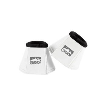 Weiße Pferdebeinschoner mit schwarzem Rand, mit dem 'ESKADRON'-Logo auf der Vorderseite.