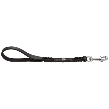 Schwarze geflochtene Lederhundeleine mit Handschlaufe, silbernem Schnappverschluss und kleinem Metallanhänger mit der Aufschrift 'HUNTER'.