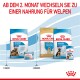 Bild von Royal Canin Hundefutter: "Starter" für Welpen von 1-2 Monaten und "Puppy" für 2-15 Monate, plus eine deutsche Notiz zur Futterumstellung.