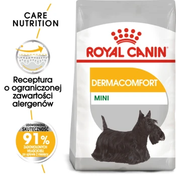 Torba karmy dla psów Royal Canin Dermacomfort Mini z ilustracją szkockiego teriera, promująca redukcję alergenów i 91% satysfakcji właścicieli.
